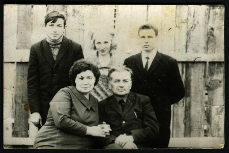 Ussr - CIRCA 1970s: An antique Black & White photo show group portraitのeditorial素材