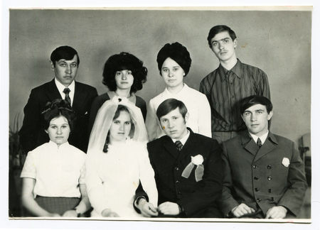 USSR, Petrapavlovsk - CIRCA 1980s: An antique photo shows wedding group portraitのeditorial素材