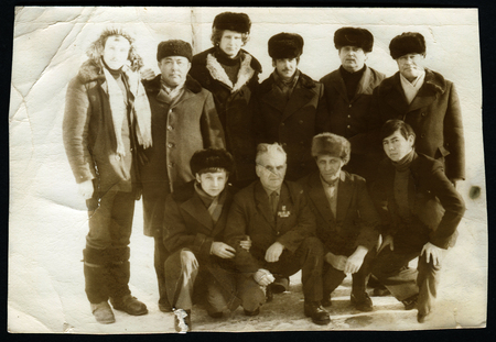 USSR - CIRCA 1960s: An antique photo shows group portrait of mensのeditorial素材