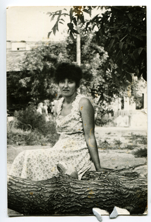 USSR - CIRCA 1970s: An antique photo shows woman in natureのeditorial素材