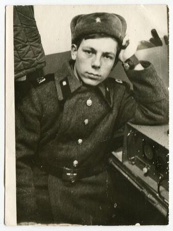 USSR - CIRCA 1960s: An antique photo shows soldiers radioman, USSR, circa 1960sのeditorial素材