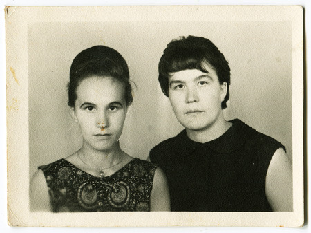 Ussr - CIRCA 1950s: An antique Black & White photo show two womensのeditorial素材