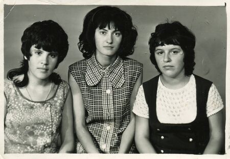 Ussr - CIRCA 1950s: An antique Black & White photo show three womensのeditorial素材