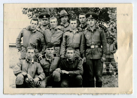 Ussr - CIRCA 1970s: An antique Black & White photo show Group portrait of soldiersのeditorial素材
