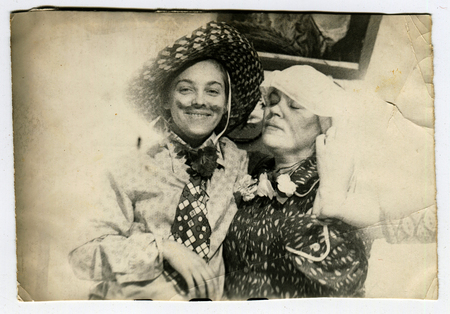 Ussr - CIRCA 1970s: An antique Black & White photo show man and woman in fancy dressのeditorial素材