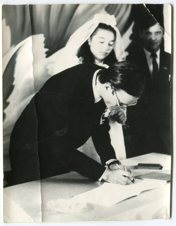 USSR - CIRCA 1970s: An antique photo shows  wedding, USSR, circa 1970sのeditorial素材