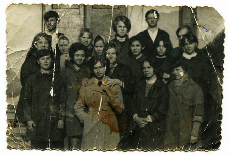 Ussr - CIRCA 1970s: An antique Black & White photo show group peopleのeditorial素材