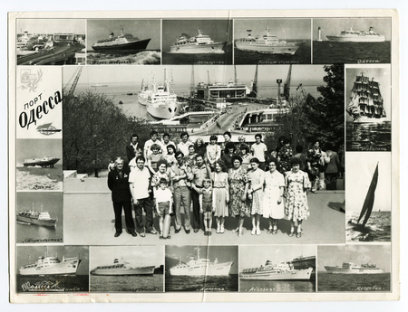 Ussr - CIRCA 1983s: An antique Black & White photo show collage of photos of tourists from the resort. The inscription on the photo "Port of Odessa"のeditorial素材
