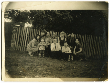 Ussr - CIRCA 1970s: An antique Black & White photo show group peopleのeditorial素材