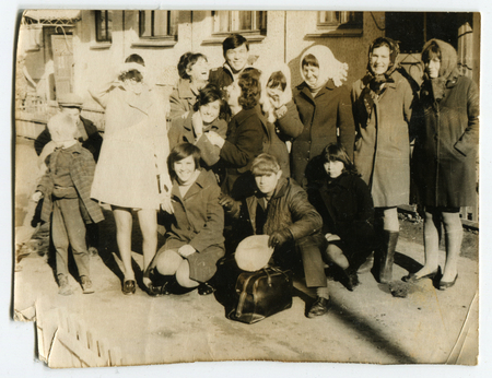Ussr - CIRCA 1970s: An antique Black & White photo show group peopleのeditorial素材