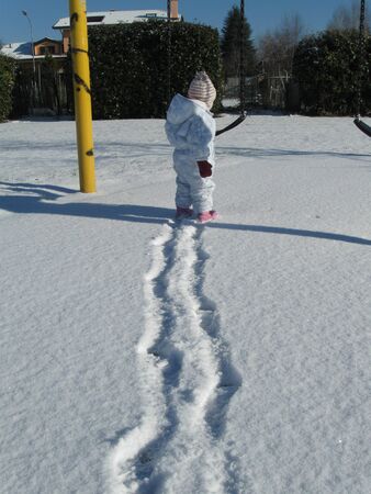 footprint in the snow of a child の写真素材