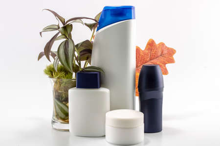 Shampoo, deodorant, lotion, perfume was taken in white background. Leaves in the background.の写真素材