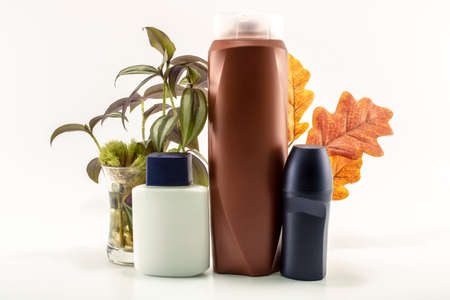 Shampoo, deodorant, lotion, perfume was taken in white background. Leaves in the background.の写真素材