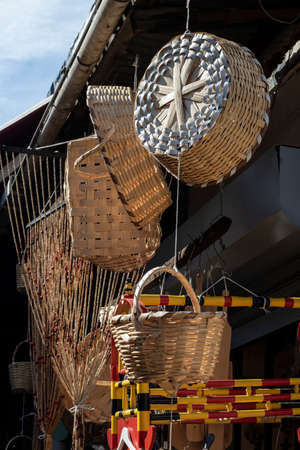 Wooden knitted baskets. Round and square shape. Hangingの写真素材