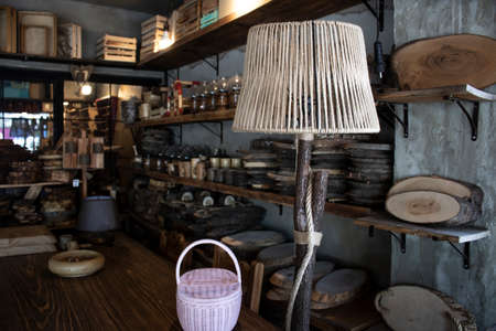 Wooden home decor products. Woodworking products. Night light made of wood. The store was pulled through.の写真素材