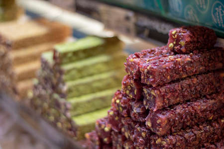Turkish delight (Cezerye) sweet different colors. It was taken in front of the store.の写真素材