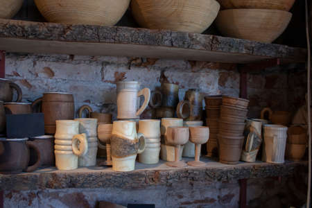 Shop producing wooden materials. Wooden products are on the shelf.の写真素材