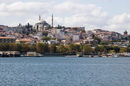 Ä°stanbul, Turkey - September-11,2019: Istanbul Sehzade Mosque. It was taken from the sea. The mosque stands on the hill.の写真素材