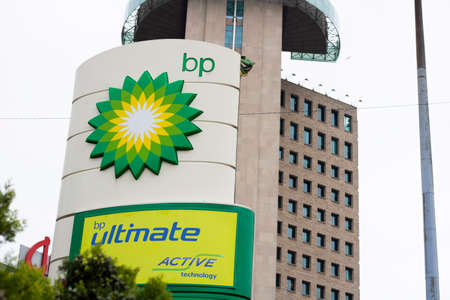 Istanbul, Turkey - November-10.2019: BP gas station sign photographed. It was filmed indoors. An oil producer with a long history.のeditorial素材