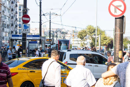 Istanbul, Turkey - September-11.2019: Sirkeci region is a touristic place. IThe tram line passes through the middle of the street.のeditorial素材