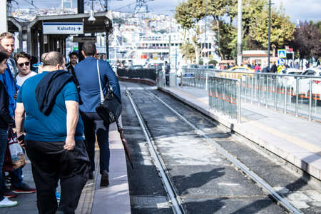 Istanbul, Turkey - September-11.2019: Sirkeci region is a touristic place. IThe tram line passes through the middle of the street.のeditorial素材