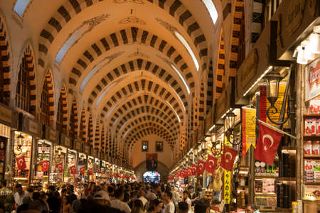 ISTANBUL, TURKEY - SEPTEMBER-14.2019: The historical Egyptian Bazaar. Many stores sell in the old...