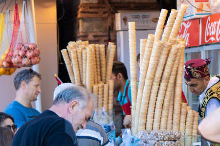 Istanbul, Turkey - September-28.2019: Turkish traditional ice cream shop. Cones lined up in a row.のeditorial素材