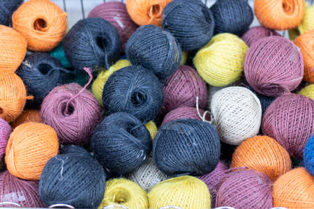 Ropes wrapped in nylon ball shape. There are multiple colors in different colors. Photographed...