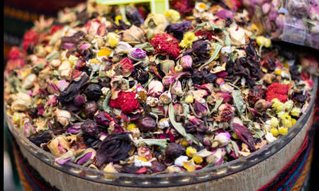 Mixed herbal tea being sold in front of store.の写真素材