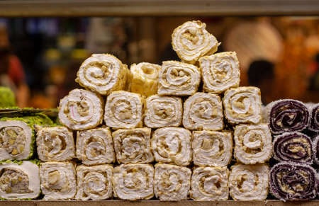 Traditional Turkish delight, photographed in the store. There are many kinds of pistachio in it.の写真素材