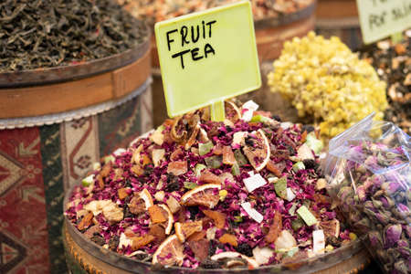 Fruit tea consisting of dried Mus fruits and plant leaves. Bench for sale.の写真素材