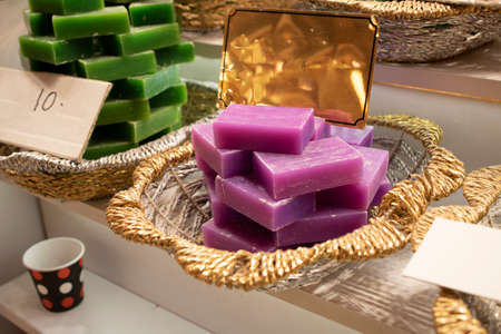 Solid soaps in different colors and flavors close-up. Photographed in a closed area in the Egyptian...