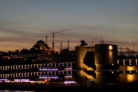 Istanbul, Turkey - November-06.2019: Suleymaniye mosque at night from the galata bridge - Istanbulのeditorial素材