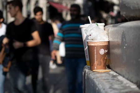 Istanbul, Turkey - October-27.2019: Drink cans on the edge of the wall. Environmental pollution problem. People don't care.のeditorial素材