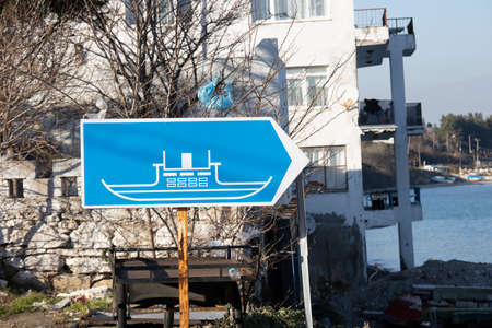 Ferry traffic sign shows the way to the car. Close up.の写真素材