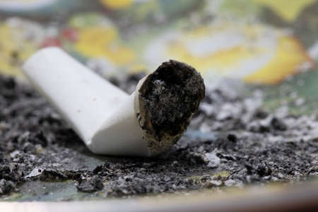 Cigarette butt in white color. There are around cigarette ash. Photographed from the front.の写真素材