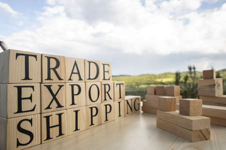 Export and import related words. Sky and mountains in the background. Conseptの写真素材