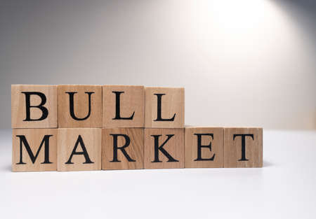 Bull market word on wooden cubes on white background. Photographed in the studio and in spot light. Business market concept.の写真素材