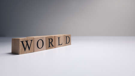 World word made of wooden cubes in white background. Photographed in the studio and in spot light.の写真素材