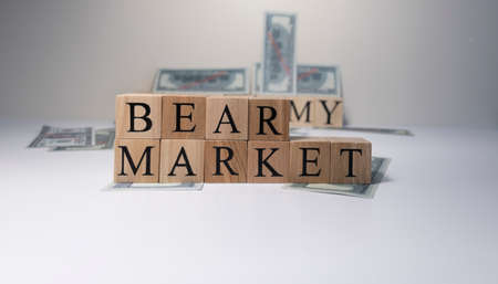 The word Bear market in wooden cubes, in white background. Photographed in the studio and in spot light. Business market concept.の写真素材