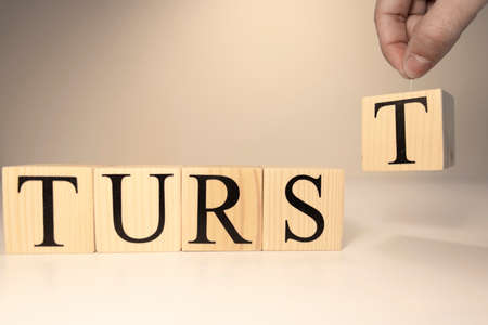 The word trust from wooden cubes. Spot light and white background.の写真素材