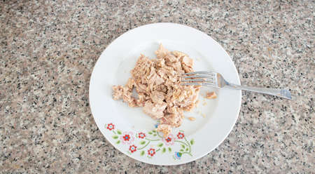 Canned tuna is in a porcelain plate and there is a fork.の写真素材