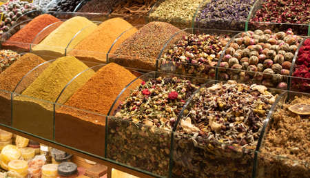 Dried herbal teas. In the box in front of the store. Healthy and delicious in different varieties and flavors.の写真素材