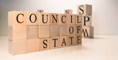 Court of account word from wooden cubes. Terms of economy state government. Background made of...