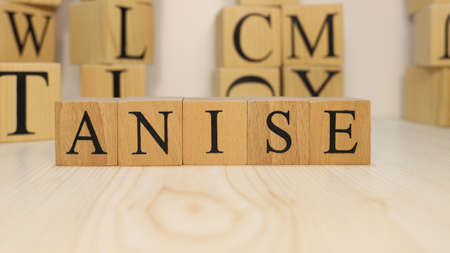 The word Anise was created from wooden letter cubes. Gastronomy and spices. close up.の写真素材