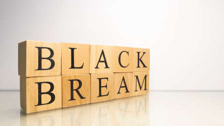 The name Black bream was created from wooden letter cubes. Seafood and food. close up.の写真素材