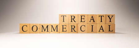 The name Commercial treaty was created from wooden letter cubes. finance and economy. close up.の写真素材