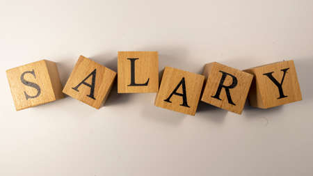 The word Salary was created from wooden cubes. economy concept. close up.の写真素材