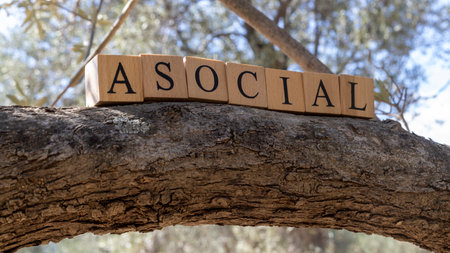 Word Asocial created from wooden cubes. Photographed on the tree.. Close-up.の写真素材