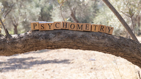 The word Psychometry was created from wooden cubes. Photographed on the tree branch. close-up.の写真素材